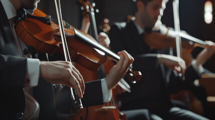 A close-up shot of a symphony orchestra performing, focusing on violinists passionately playing their string instruments.