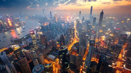 A stunning aerial view of a bustling cityscape at dusk, showcasing illuminated skyscrapers and busy streets under a dramatic sky.