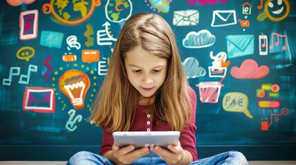 A young girl using a digital tablet with colorful icons behind her, representing technology, learning, and communication concepts.