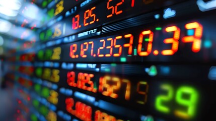 A vibrant stock market display with fluctuating numbers in red, green, and yellow, representing financial trends and investment opportunities.