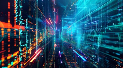 Fototapeta premium Bright and colorful abstract digital data background, visualizing technology, network, and futuristic cyberspace concepts.