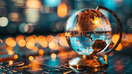 Close up of a crystal globe on a circuit board with glowing bokeh lights, symbolizing global technology and innovation.