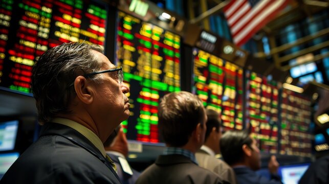 Businessmen at a stock market trading floor, focused on large electronic boards displaying financial data under the American flag.