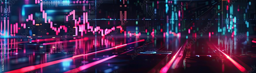 Poster futuristic digital landscape featuring vibrant neon colors and abstract data visuals, ideal for tech