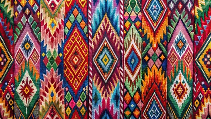 Traditional ikat fabric with vibrant colors and intricate patterns, textile, weaving, technique, dyeing, pattern, traditional