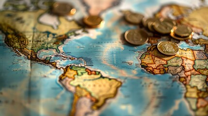 Close-up of a world map with coins scattered on it, symbolizing global economy, travel, and international finance concepts.