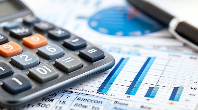 Close-up of calculator, pen, and financial documents featuring bar graphs. Ideal for business, finance, accounting, data analysis contexts.