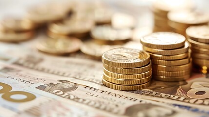 Close-up of stacks of golden coins and scattered banknotes, representing wealth, financial success, and currency exchange.