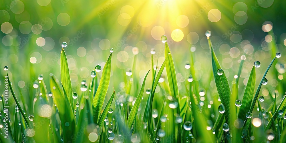 Wall mural Morning dew drop on fresh green grass, morning, dew, drop, water, grass, green, nature, environment, summer, sunlight, freshness