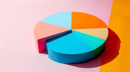 Obraz premium Colorful three-dimensional pie chart with several segments on a vibrant background, ideal for business analytics and data visualization concepts.