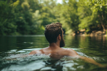 Fototapeta premium A handsome naked man swimming in a forest river