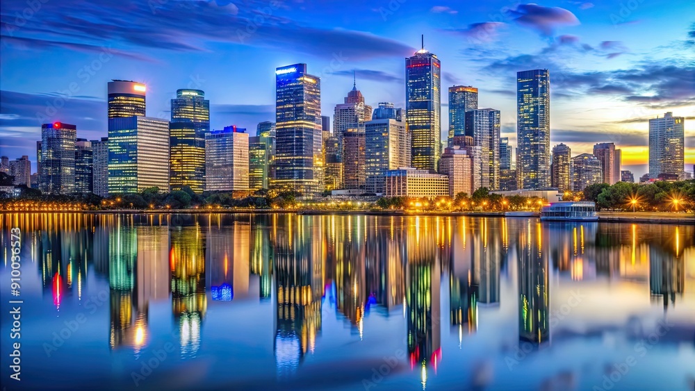 Canvas Prints Beautiful photo of city skyline during the tranquil blue hour, city, skyline, blue hour, tranquil, evening, dusk, night