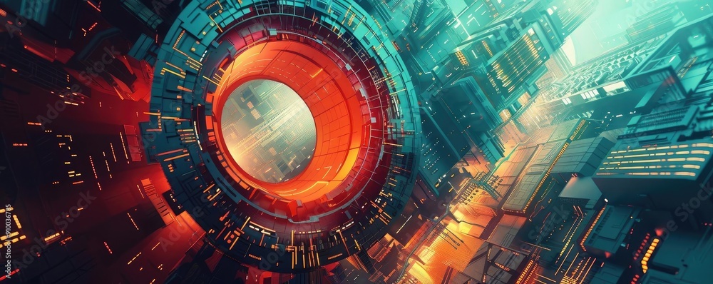 Poster vibrant sci-fi abstract design showcasing futuristic technology and radiant colors, perfect for tech