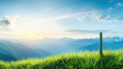Fototapeta premium Captivating sunrise over tranquil mountains, offering a peaceful ambiance and ample space for text. Perfect for nature-themed projects or backgrounds.
