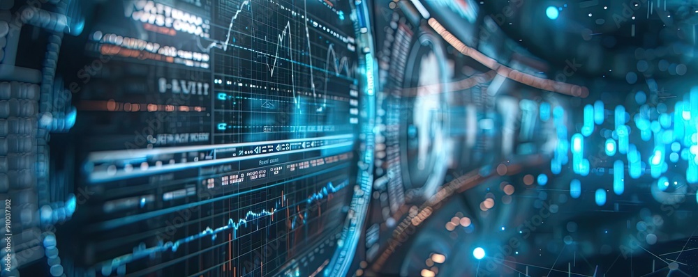 Poster Futuristic data visualization with glowing blue elements and intricate graphs, ideal for finance and technology themes.