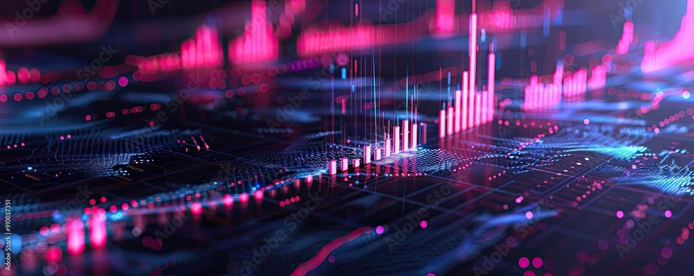 Poster Futuristic data visualization with vibrant colors showcasing graphs and digital metrics for technology and finance concepts.