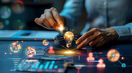 Innovative business strategy with futuristic technology interface. A hand touching a glowing lightbulb symbolizing a new idea.