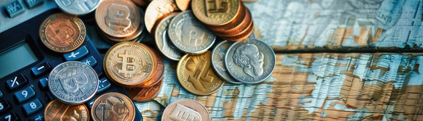 A close-up view of a calculator with scattered coins, symbolizing budgeting and financial planning on a rustic wooden table.