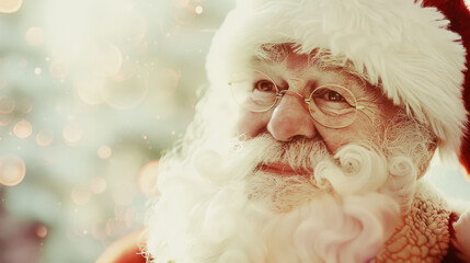 A cheerful Santa Claus with twinkling eyes and a fluffy white beard smiles warmly, evoking the joy and magic of the Christmas season.