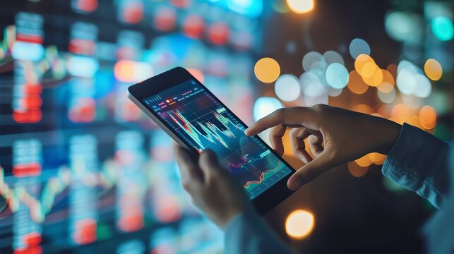 Person uses smartphone to track stock market data on a digital screen with charts, graphs, and financial information at night.