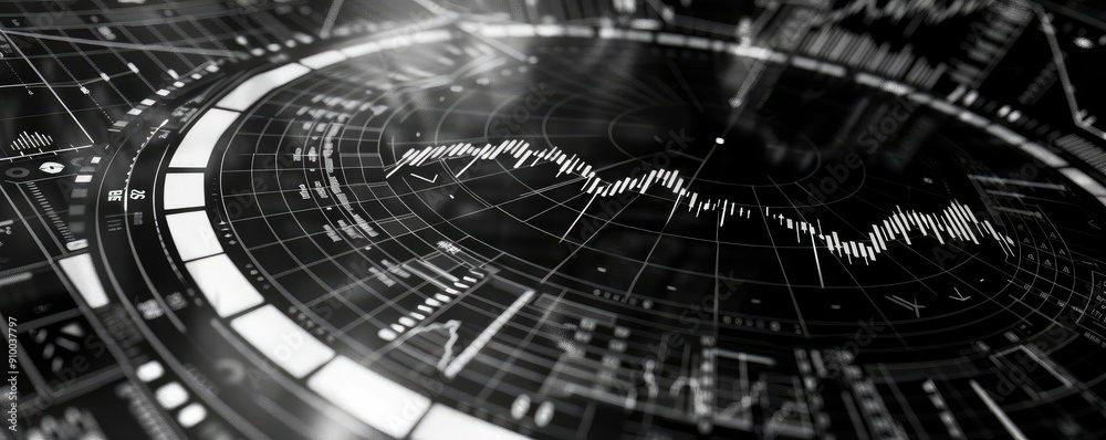 Poster Abstract digital interface displaying data analytics and financial graphs in a sleek black and white design.