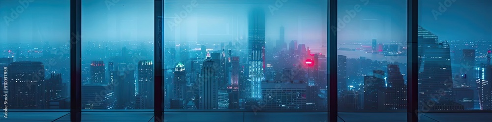 Poster a moody night skyline view through a glass window, illuminated by city lights and a hint of mist in 