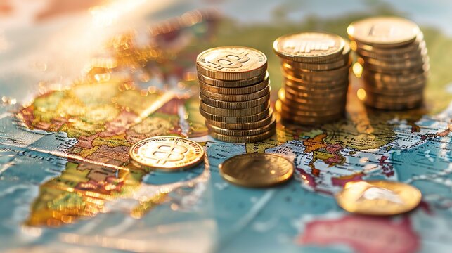 Stacks of coins on a world map symbolize global economy, financial growth, and international trade concepts.