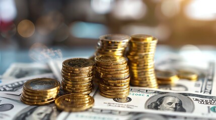 Stacks of golden coins and U.S. dollar bills represent financial growth, investment opportunities, and wealth accumulation in this vibrant stock photo.