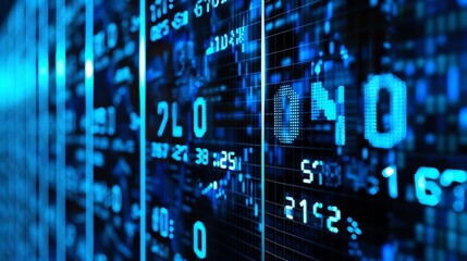 Stock market data on multiple screens with blue digital numbers indicating financial trends and information.