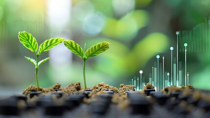 Young plants growing in soil with digital growth charts, depicting the concept of agritech innovation and sustainable development.