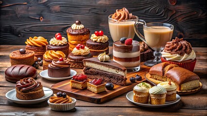 Naklejka premium A delicious assortment of cakes, bread, coffee, mousse, and chocolate displayed on a table , dessert, sweets, pastry