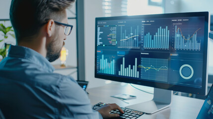 A man examining various business analytics on a large computer screen, navigating through complex data and graphs for in-depth analysis.