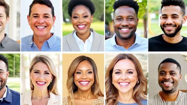 Many happy different young people portraits. Group headshots in collage mosaic collection. Lot of smiling multicultural faces look at camera. Human resource society database concept. Ethnicity divers.