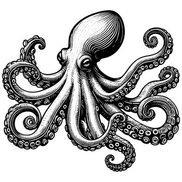 recommend clip art: octopus sea animal food with swirling tentacles and suction cups, in a classic engraving style sketch engraving generative ai PNG illustration. Scratch board imitation. Black and white image.