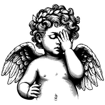 recommend clip art: cherub angel with a halo, sitting and facepalming, frustration or disappointment sketch engraving generative ai fictional character PNG illustration. Scratch board imitation. Black and white image.