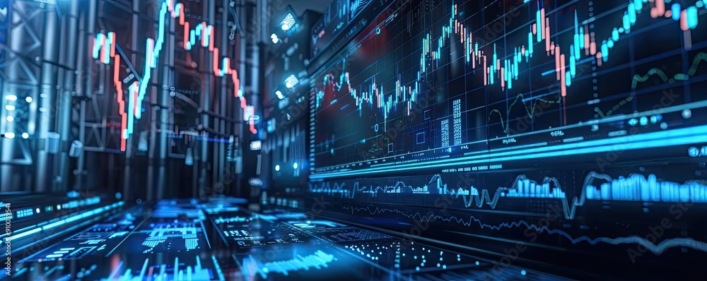 Aufkleber Dynamic financial trading screen displaying various data metrics, graphs, and indicators in a digital interface.