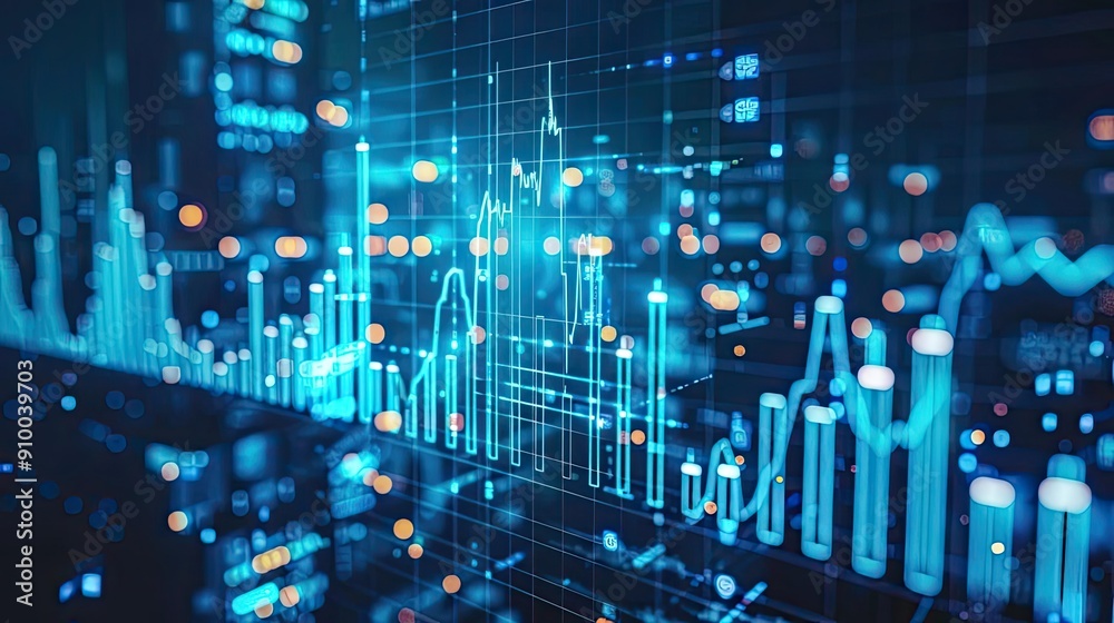 Poster A futuristic digital representation of data analytics with vibrant graphs and glowing elements, ideal for tech and finance themes.