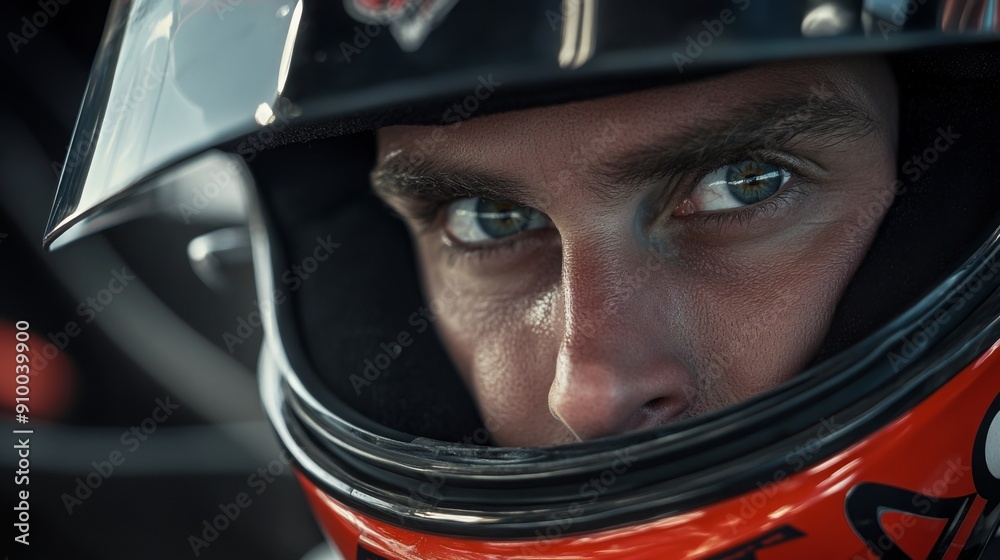 Poster a focused driver in a racing helmet stares intently, preparing for the upcoming race with determinat