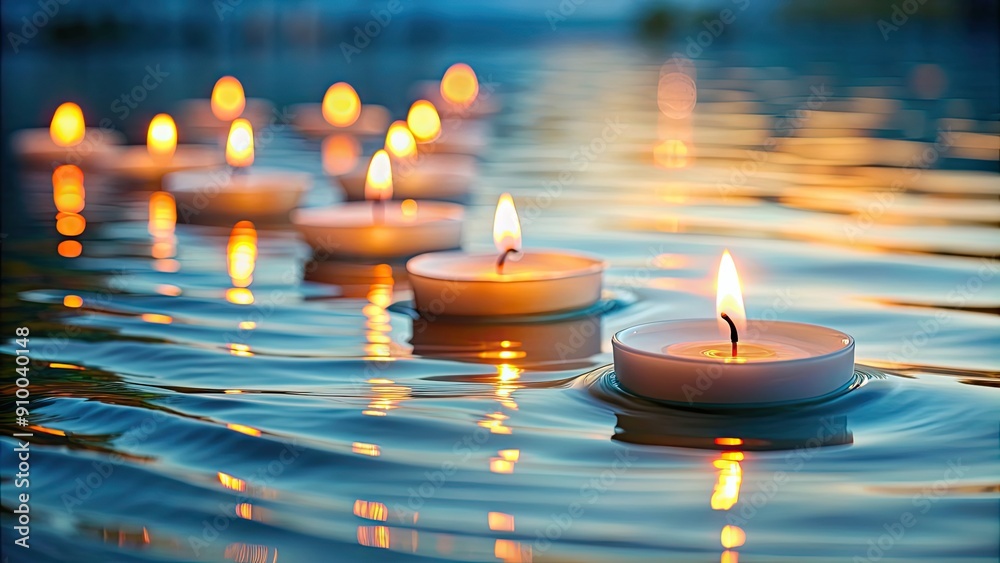 Wall mural Candles floating in serene water , candles, water, serene, peaceful, reflections, relaxation, tranquility, meditation, spiritual