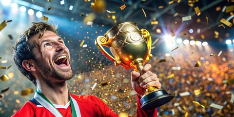 Soccer Player Celebrating Victory with Trophy. A triumphant soccer player beams with joy as he holds a golden trophy, surrounded by flying confetti in a vibrant stadium.