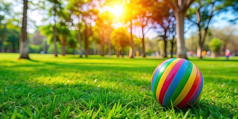 Fototapeta premium A colorful ball laying on green grass in the park , playground, recreation, outdoor, summer, fun, leisure, activity, sports