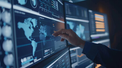A hand interacting with global data visualization on multiple screens, depicting big data and international analysis in a dark room.