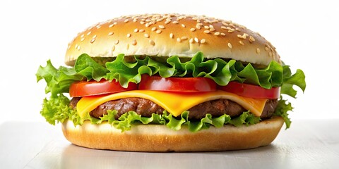 Classic hamburger with beef patty, lettuce, tomato, and cheese on a sesame seed bun, food, fast food, burger, cheeseburger