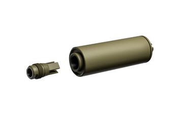Khaki silencer for weapons. Suppressor that is at the end of an assault rifle. Isolate on a white back