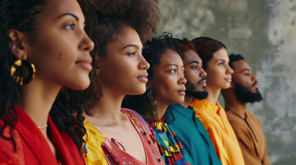 Obraz premium A side view of six people standing in a row, each wearing distinct, colorful outfits, looking forward with determination and pride against an artistic backdrop.
