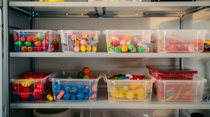 A well-organized shelf filled with colorful educational toys in transparent boxes, demonstrating the richness of a learning environment for children.