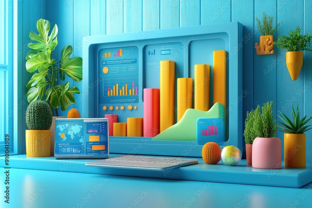 Poster marketing online with seo optimization: a 3d render of seo optimization tools, featuring analytics d