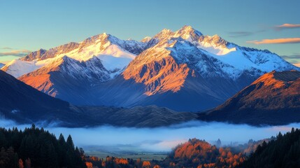 Stunning Snow-Capped Mountain Peaks Bathed in Golden Sunrise Light, Illuminated Summit with Clear Sky and Tranquil Valley Shrouded in Morning Mist