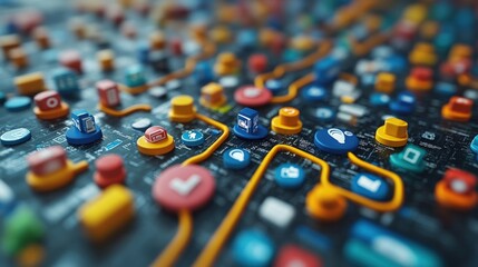 Marketing online with strategy traffic: A 3D render showing strategic approaches to driving web traffic, with elements like SEO strategies, paid advertising, and content marketing, representing the