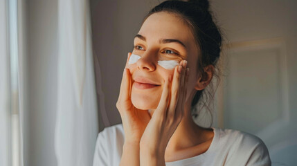 A young woman applies moisturizing cream to her face, smiling serenely in the soft morning light streaming through a window.